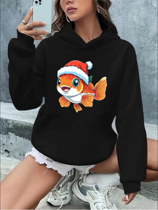 Women'S Casual Rib-Knit Hoodie With Cartoon Fish Print, Polyester Knit Fabric, Drawstring Hooded Sweatshirt For Fall Winter, Christmas & Halloween Themed Clothing