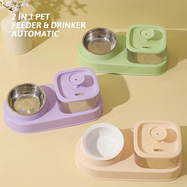 2-in-1 Cat Water Dispenser & Feeding Bowl - Automatic, Easy Clean