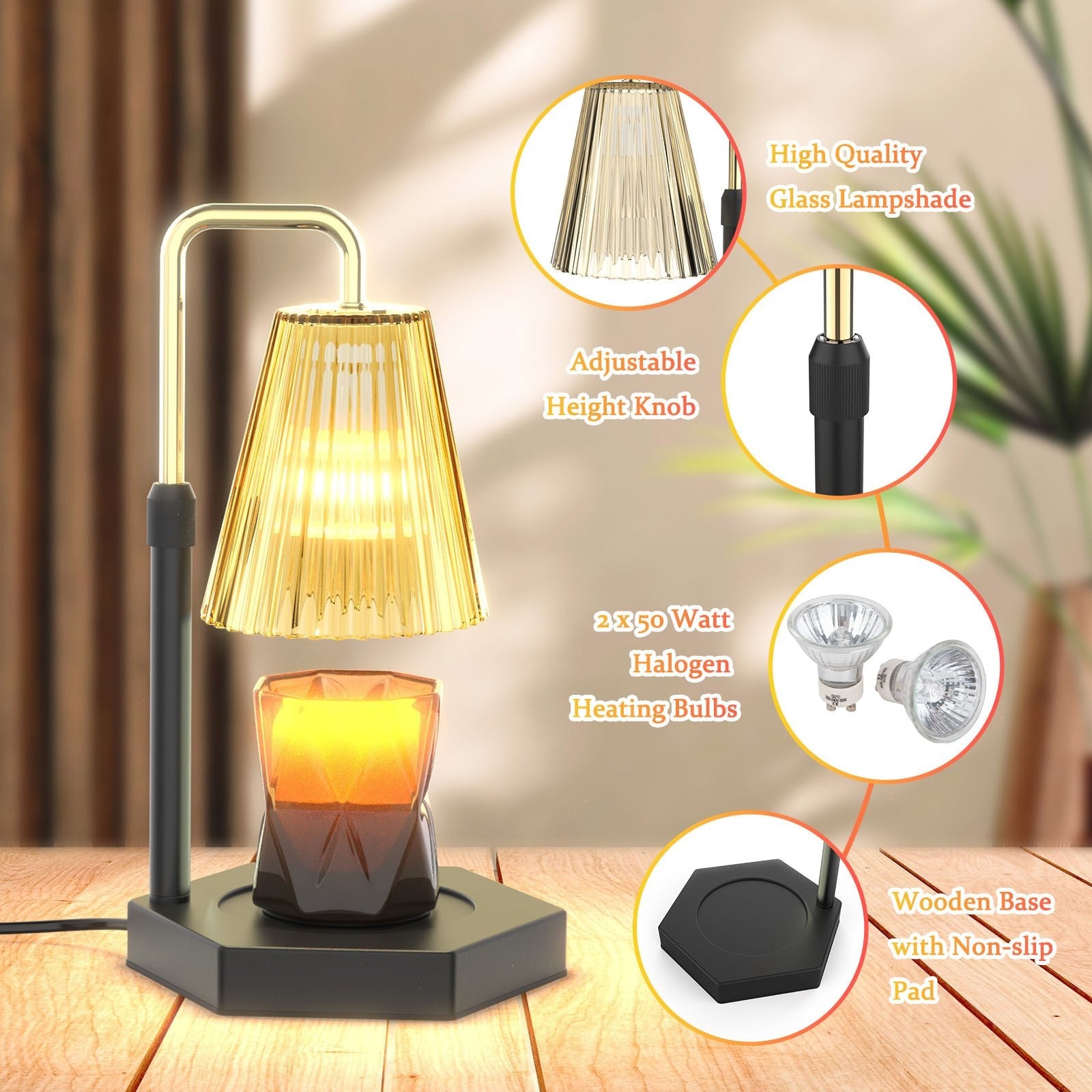 Candle Warmer Lamp Dimmable And Timer Candle Warmer Height Adjustable For Jar Scented Candles For Home Decor Amber Glass And Black Base - AMWLY