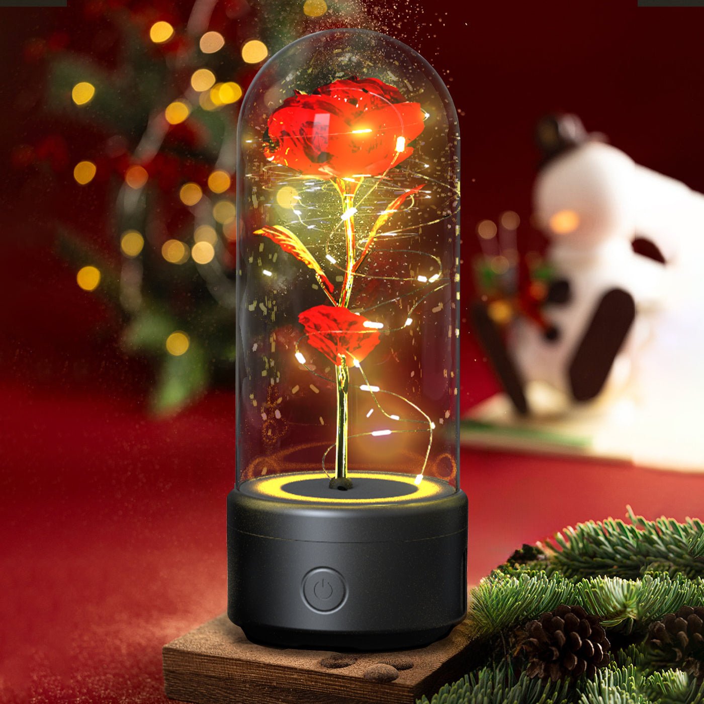 Creative 2 In 1 Rose Flowers LED Light And Bluetooth - compatible Speaker Valentine's Day Gift Rose Luminous Night Light Ornament In Glass Cover - AMWLY