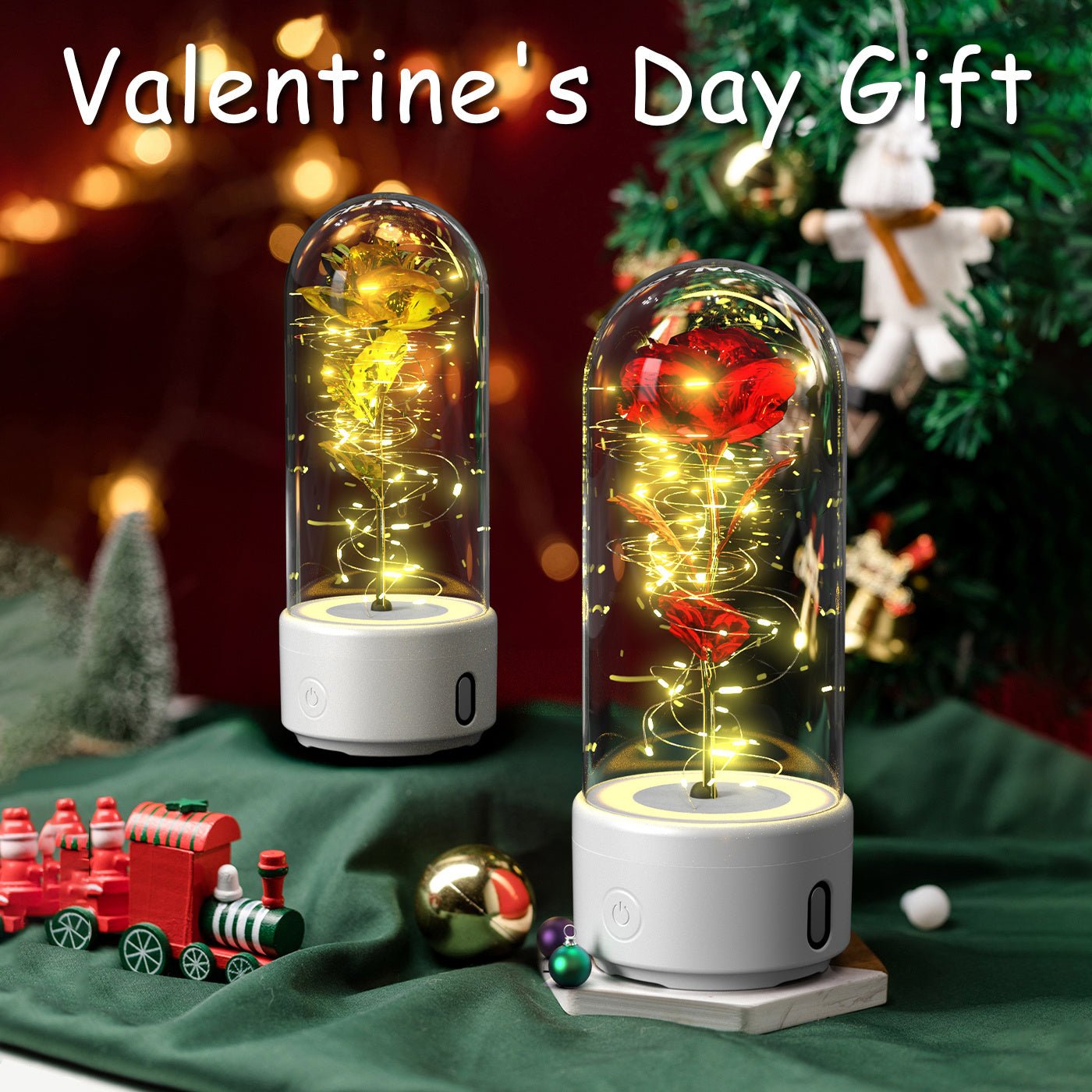 Creative 2 In 1 Rose Flowers LED Light And Bluetooth - compatible Speaker Valentine's Day Gift Rose Luminous Night Light Ornament In Glass Cover - AMWLY