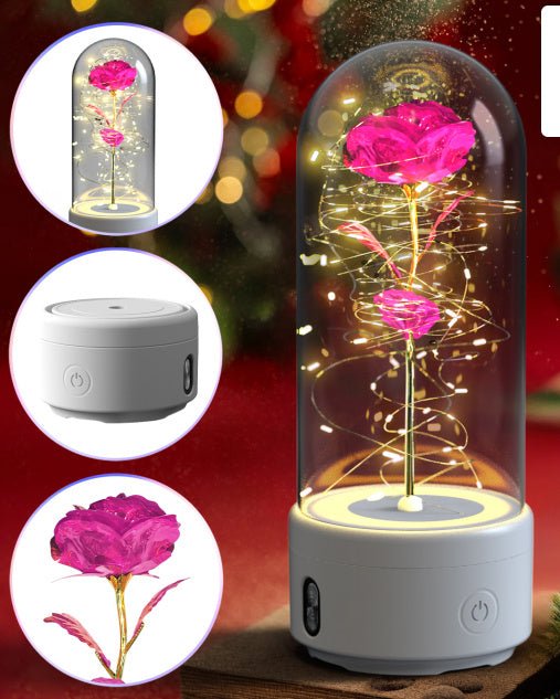 Creative 2 In 1 Rose Flowers LED Light And Bluetooth - compatible Speaker Valentine's Day Gift Rose Luminous Night Light Ornament In Glass Cover - AMWLY