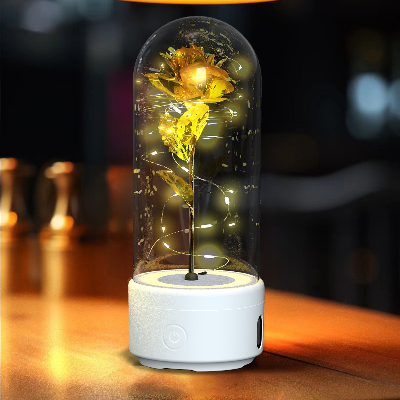 Creative 2 In 1 Rose Flowers LED Light And Bluetooth - compatible Speaker Valentine's Day Gift Rose Luminous Night Light Ornament In Glass Cover - AMWLY