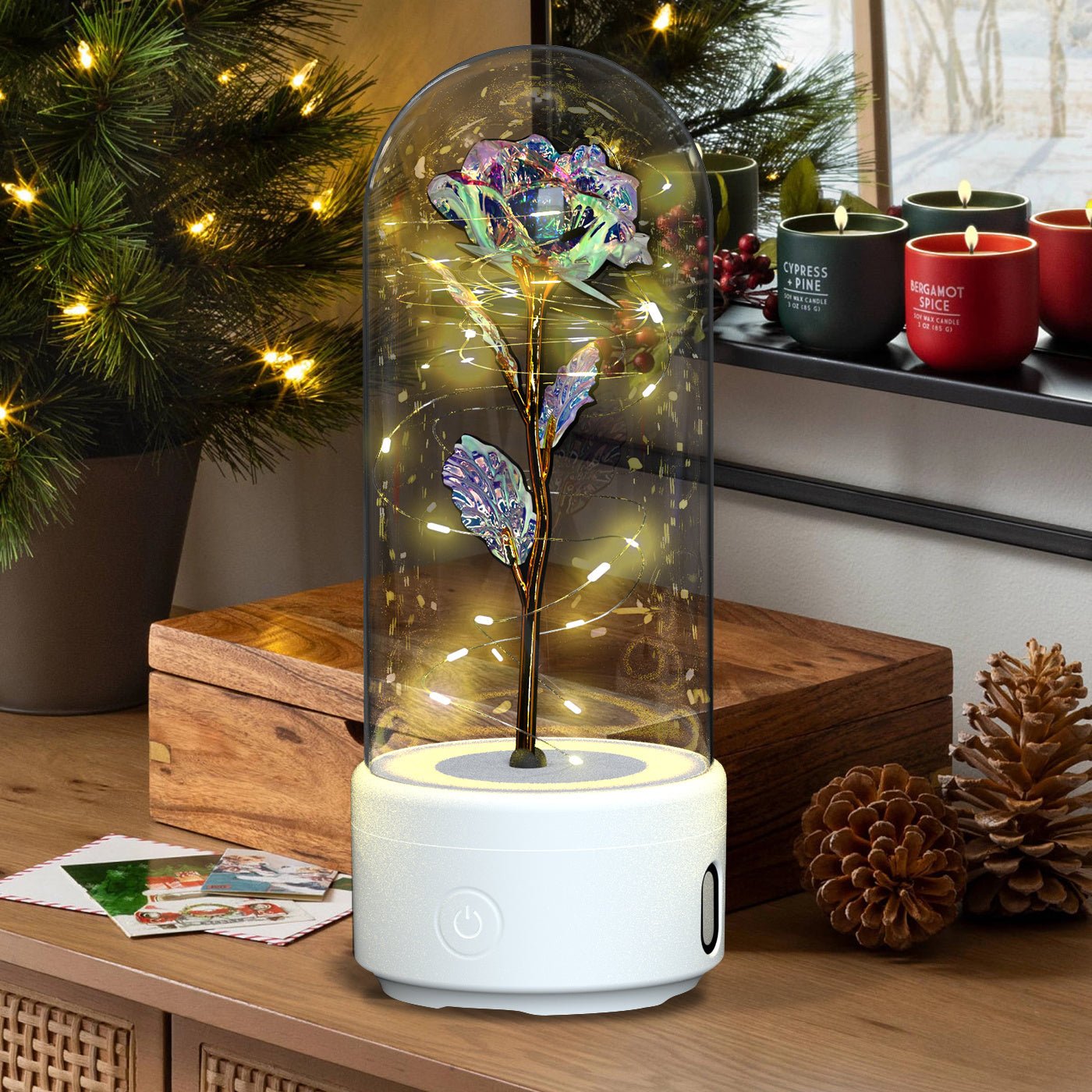 Creative 2 In 1 Rose Flowers LED Light And Bluetooth - compatible Speaker Valentine's Day Gift Rose Luminous Night Light Ornament In Glass Cover - AMWLY