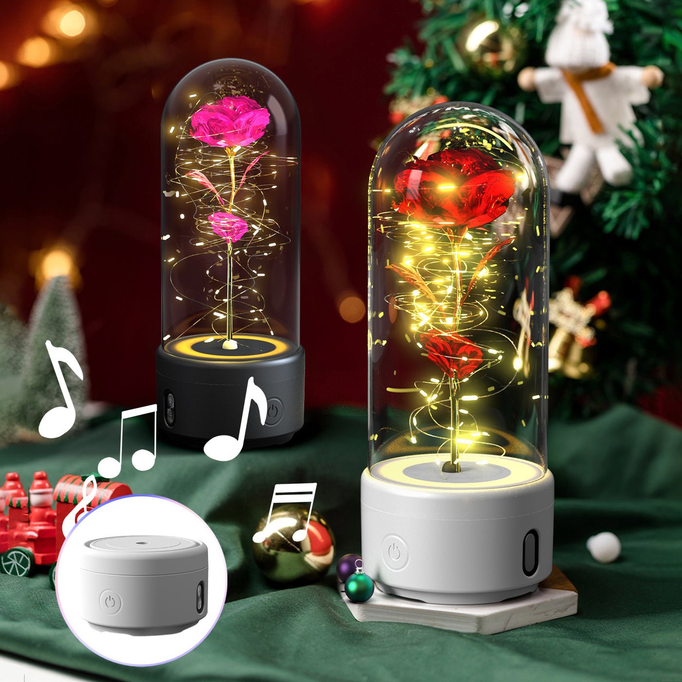 Creative 2 In 1 Rose Flowers LED Light And Bluetooth - compatible Speaker Valentine's Day Gift Rose Luminous Night Light Ornament In Glass Cover - AMWLY