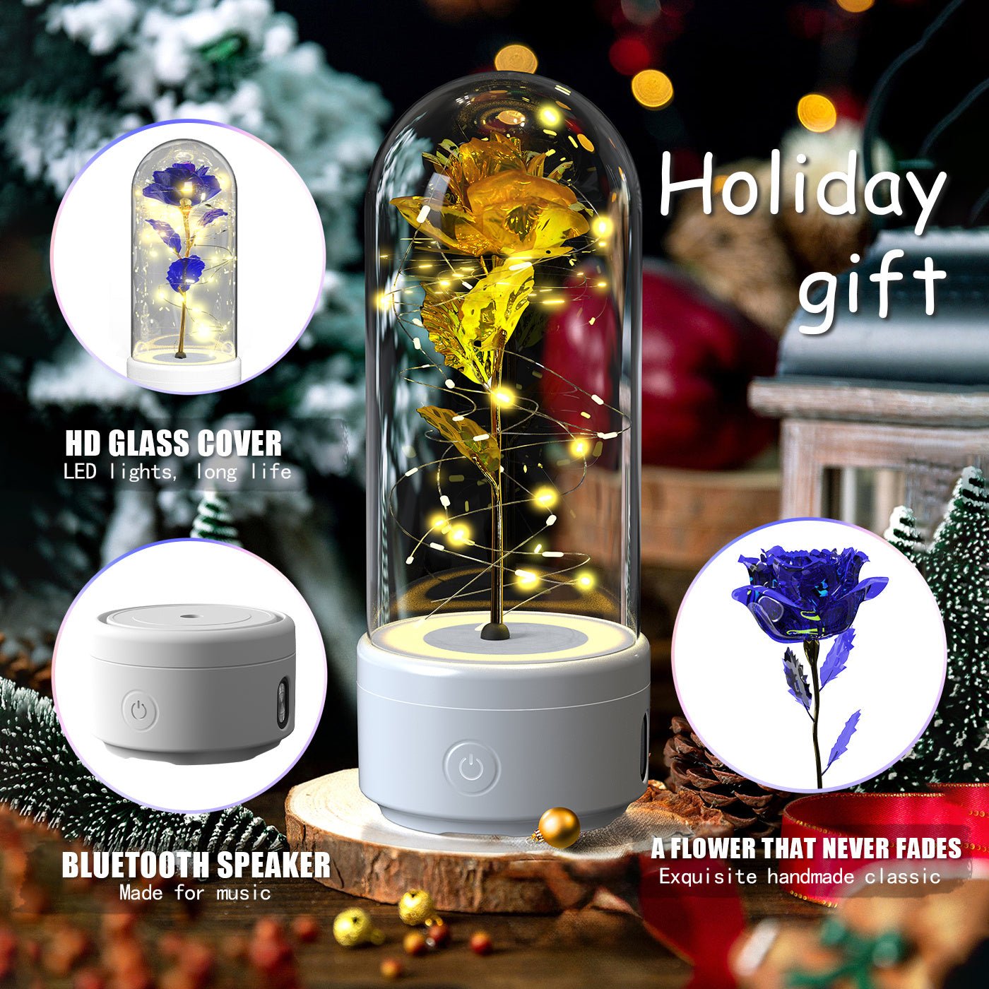 Creative 2 In 1 Rose Flowers LED Light And Bluetooth - compatible Speaker Valentine's Day Gift Rose Luminous Night Light Ornament In Glass Cover - AMWLY