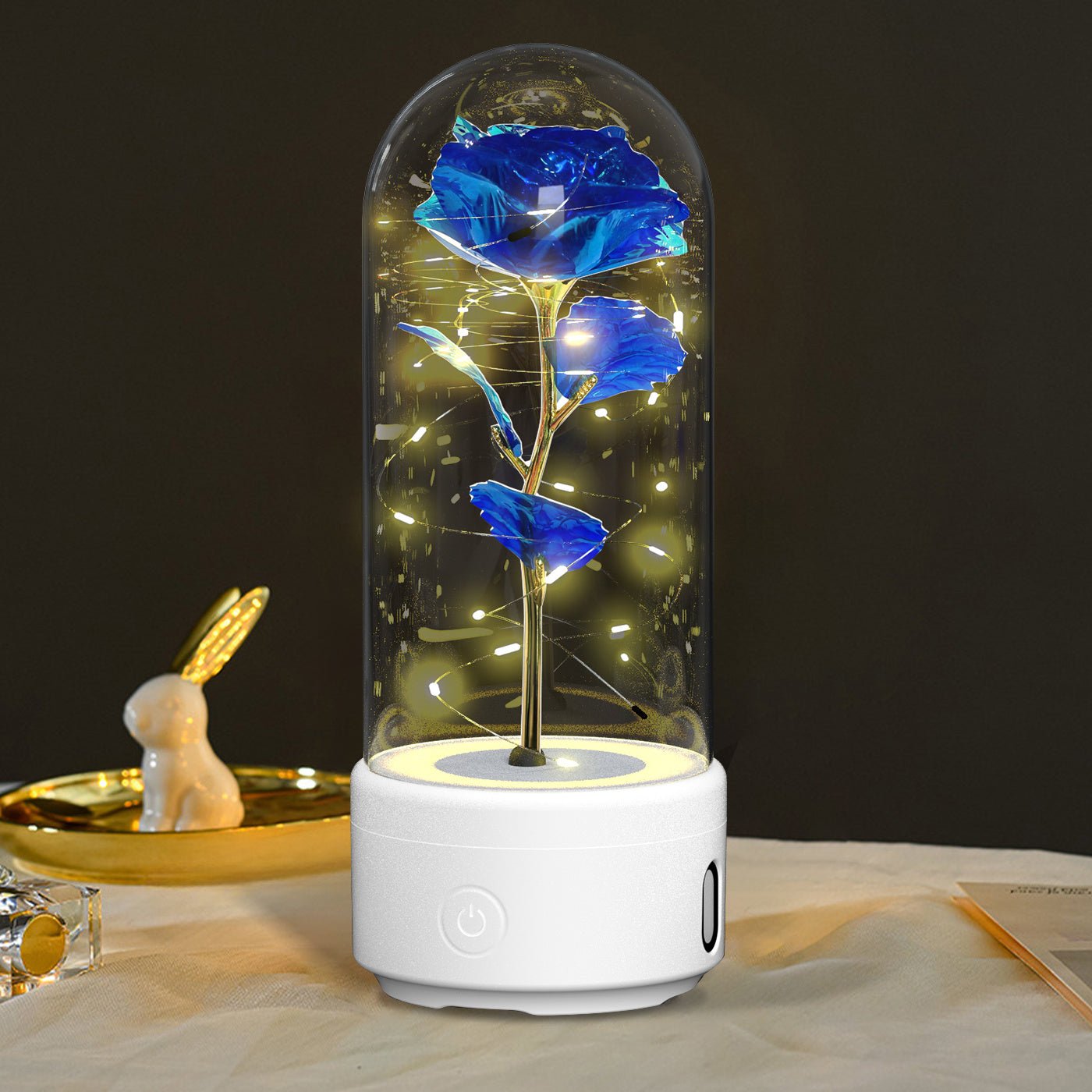 Creative 2 In 1 Rose Flowers LED Light And Bluetooth - compatible Speaker Valentine's Day Gift Rose Luminous Night Light Ornament In Glass Cover - AMWLY