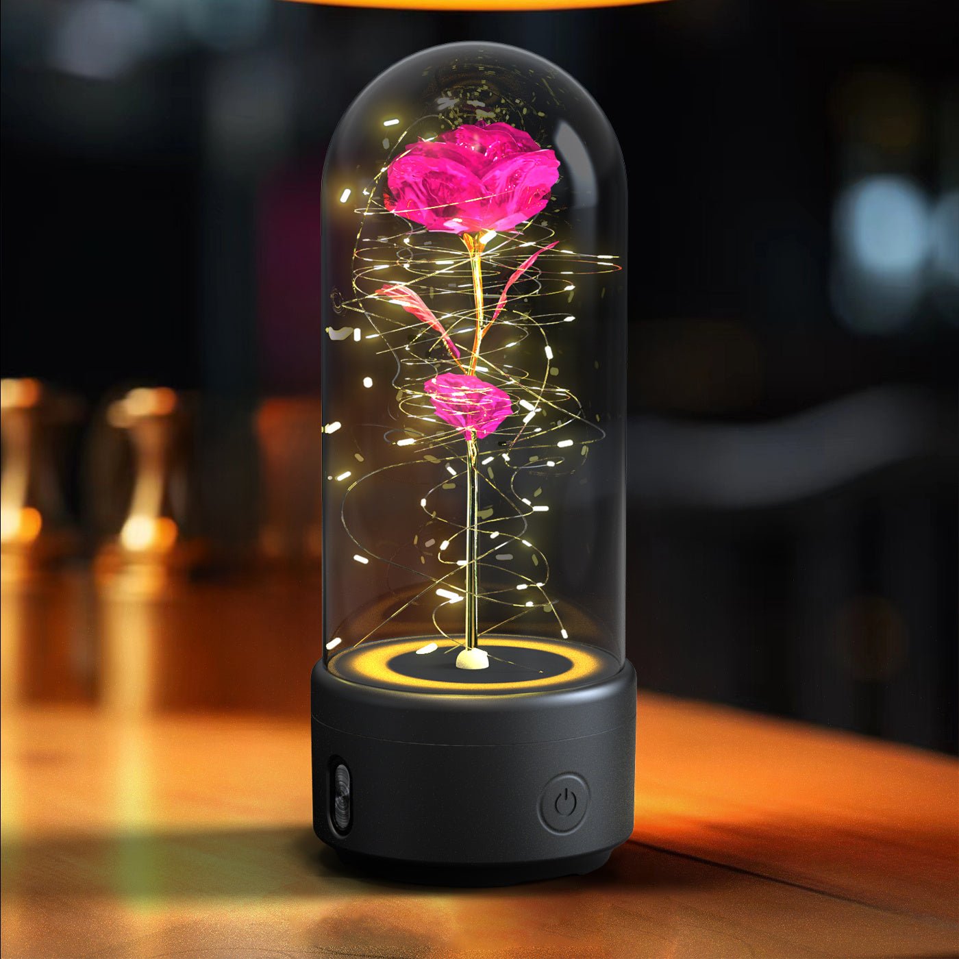 Creative 2 In 1 Rose Flowers LED Light And Bluetooth - compatible Speaker Valentine's Day Gift Rose Luminous Night Light Ornament In Glass Cover - AMWLY