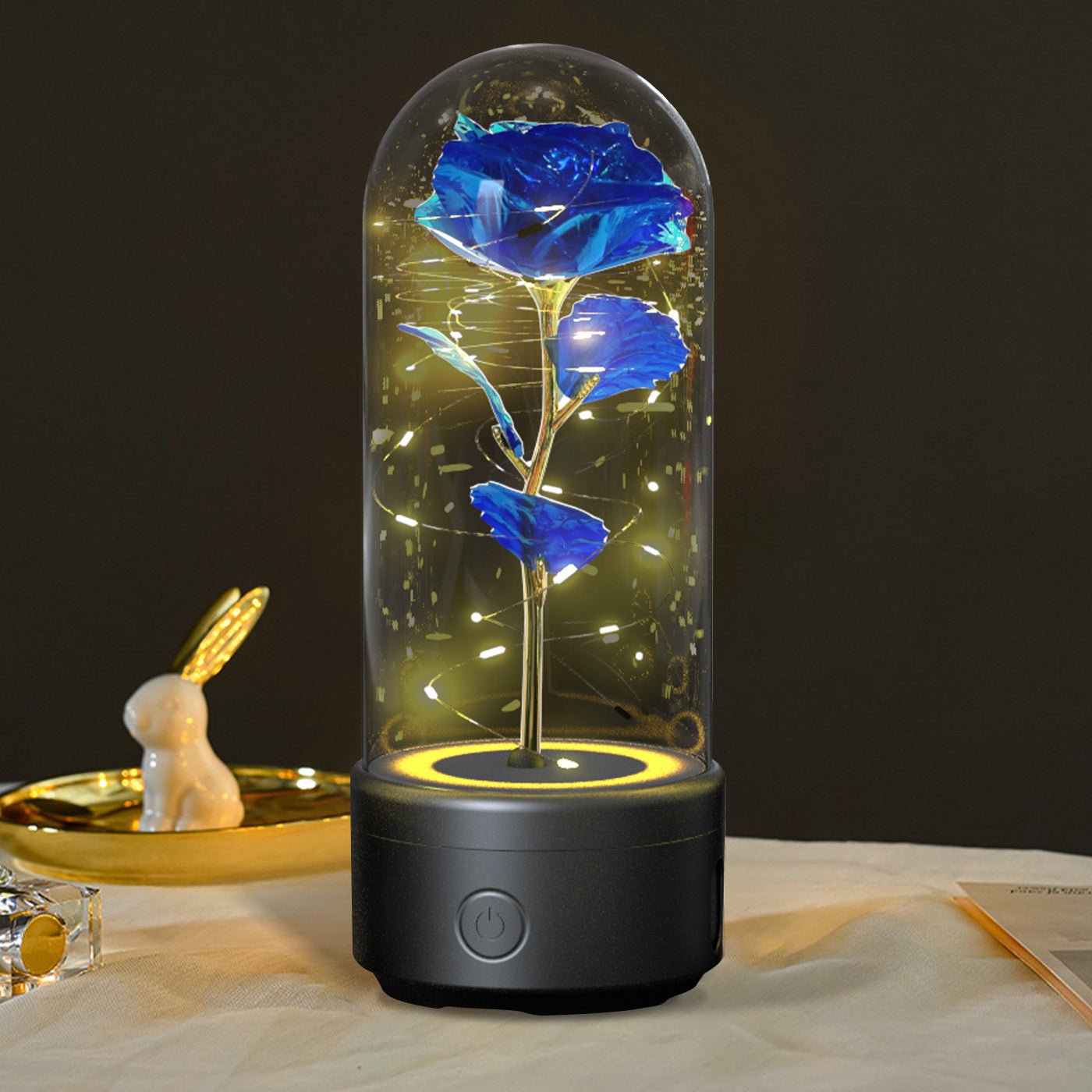 Creative 2 In 1 Rose Flowers LED Light And Bluetooth - compatible Speaker Valentine's Day Gift Rose Luminous Night Light Ornament In Glass Cover - AMWLY