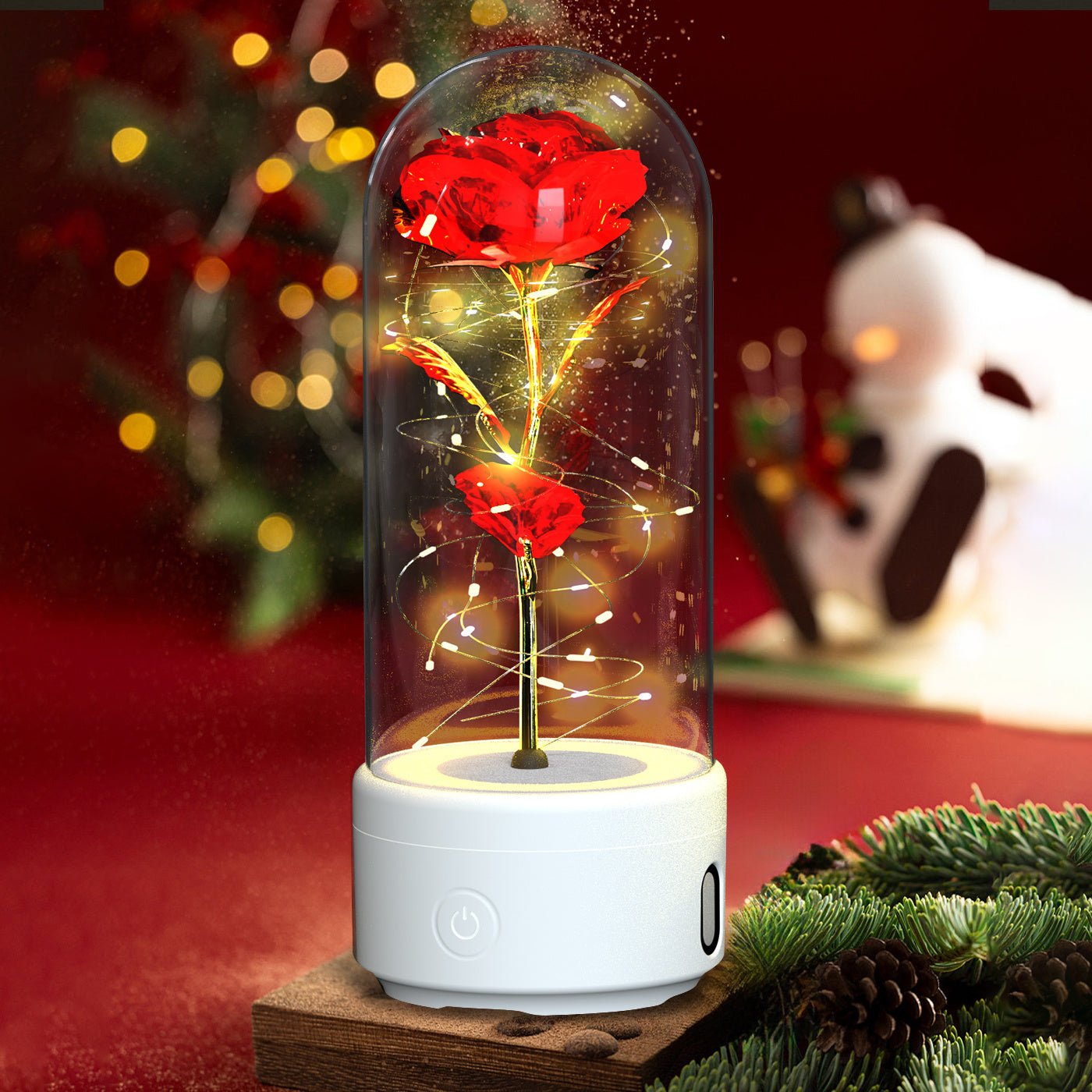 Creative 2 In 1 Rose Flowers LED Light And Bluetooth - compatible Speaker Valentine's Day Gift Rose Luminous Night Light Ornament In Glass Cover - AMWLY