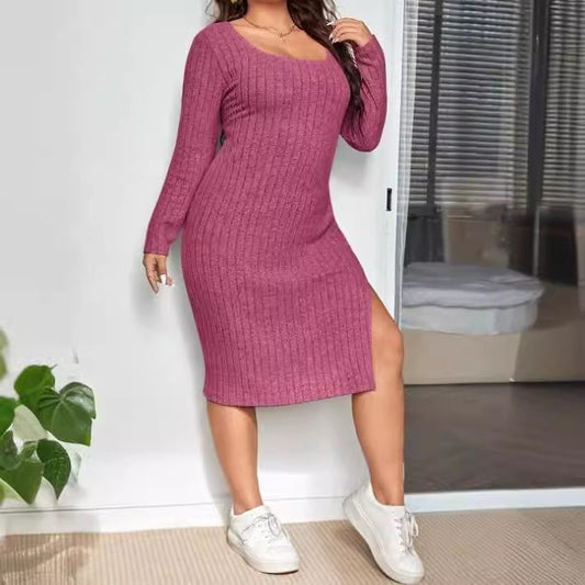 Long Sleeve Narrow Slit Slim - fitting Sunken Stripe Knitted Dress - AMWLY