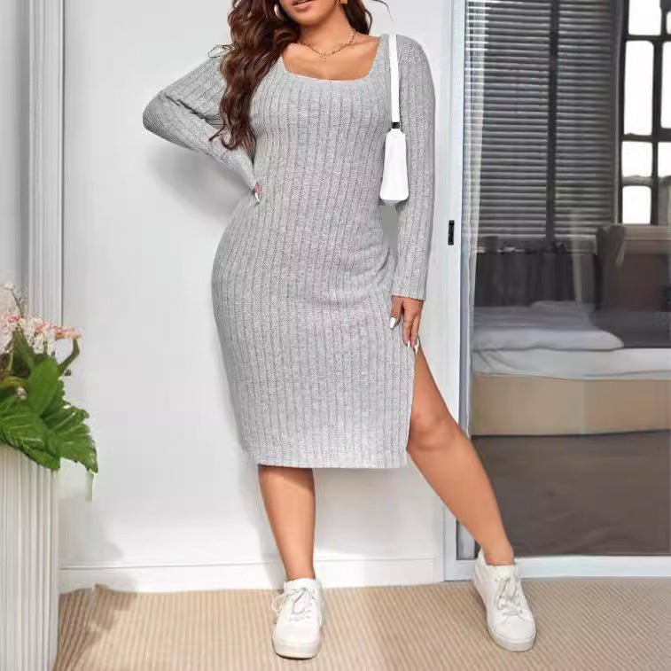 Long Sleeve Narrow Slit Slim - fitting Sunken Stripe Knitted Dress - AMWLY