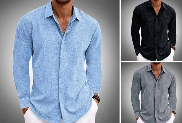 Long Sleeve T-shirt Undershirt Solid Color Long Sleeve Cotton Linen Shirt Men - AMWLY