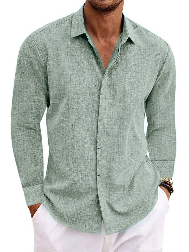 Long Sleeve T-shirt Undershirt Solid Color Long Sleeve Cotton Linen Shirt Men - AMWLY