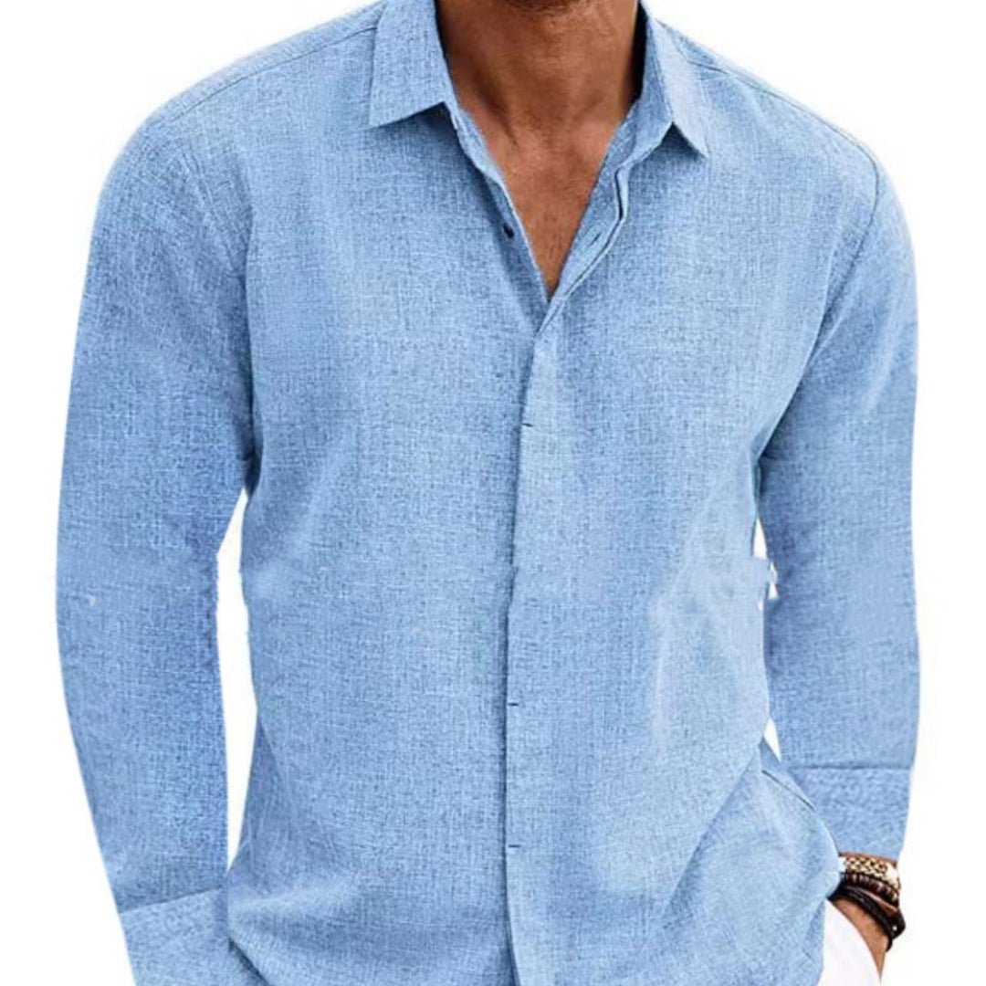 Long Sleeve T-shirt Undershirt Solid Color Long Sleeve Cotton Linen Shirt Men - AMWLY