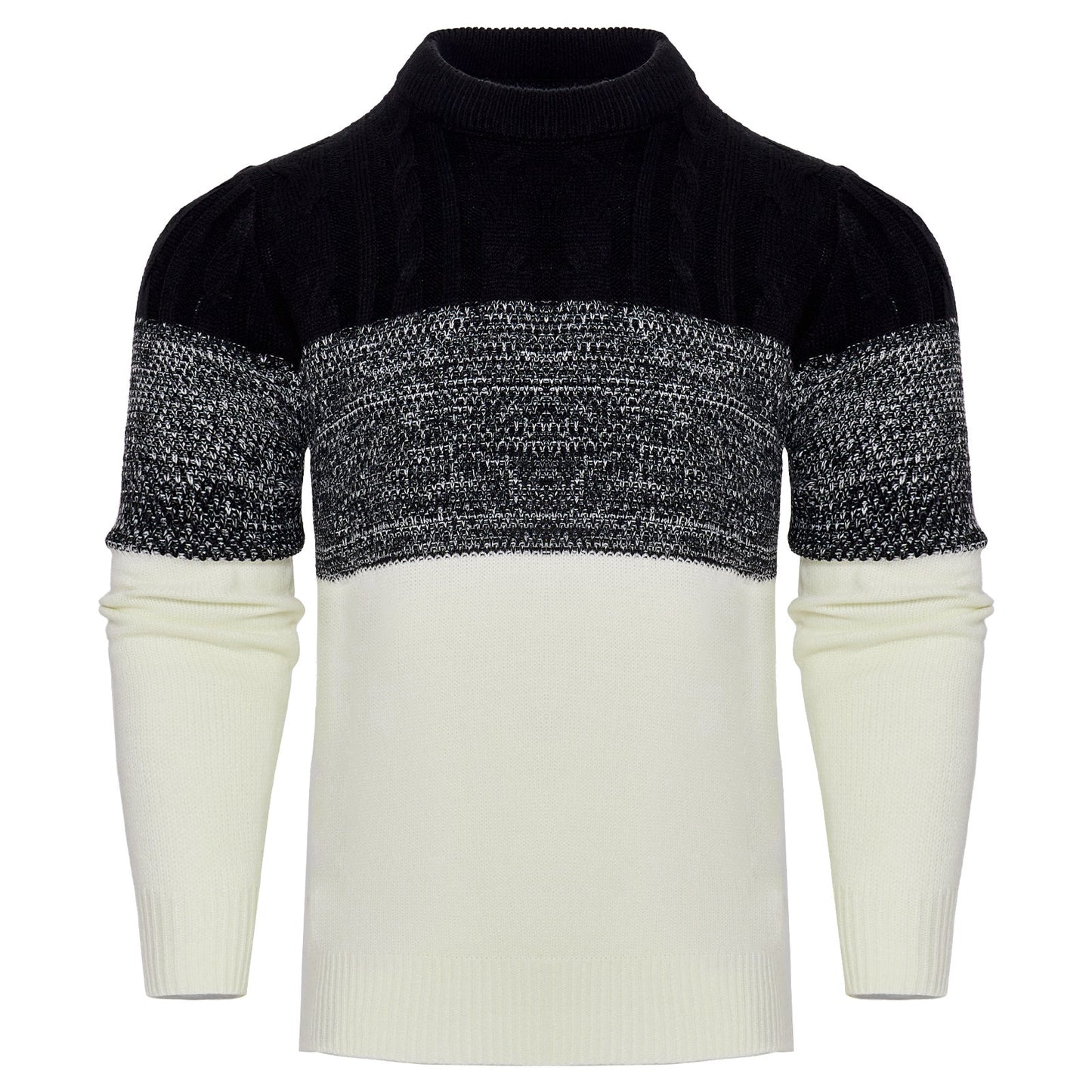 Men's Casual Color Block Long Sleeve Cable Knit Pullover Sweater - AMWLY