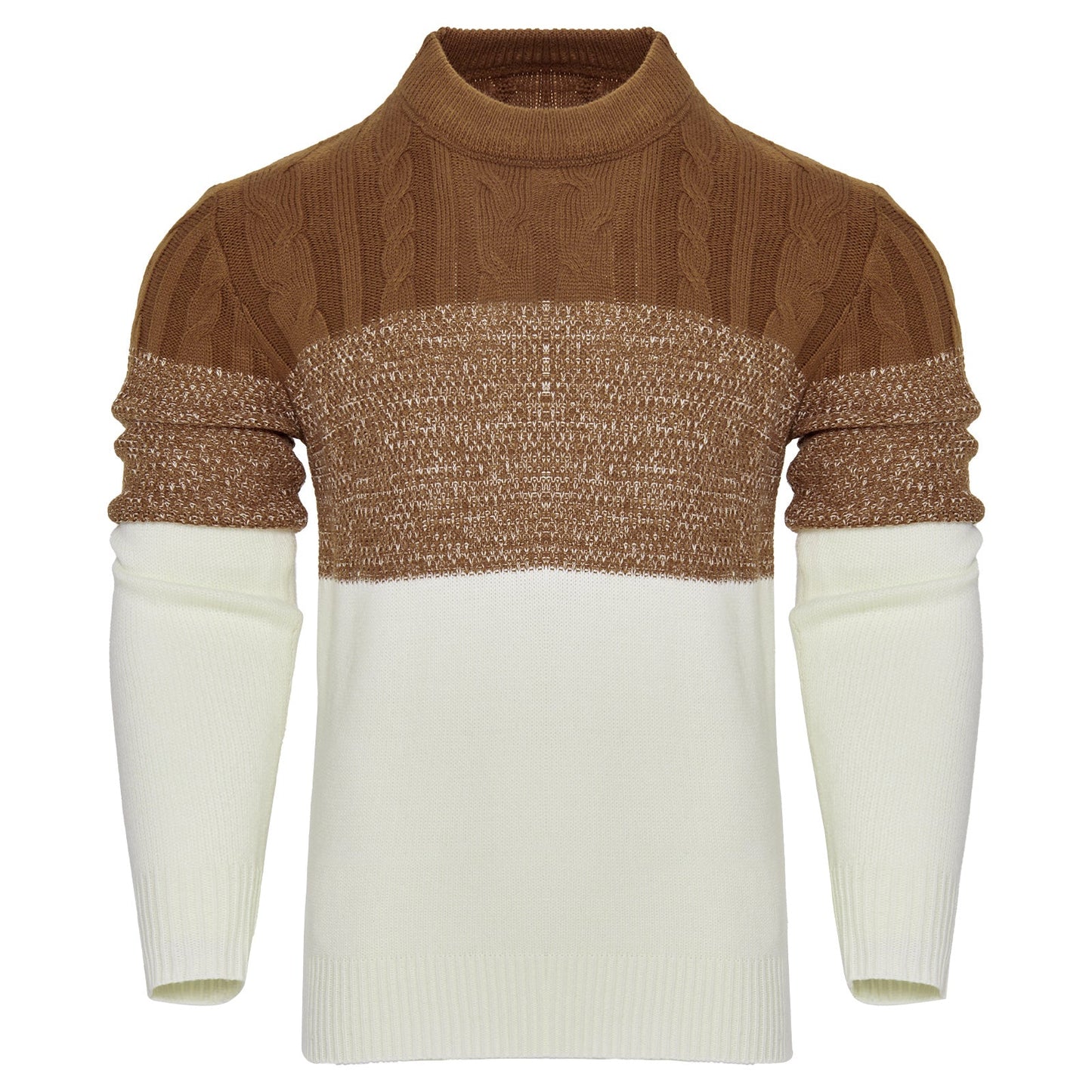 Men's Casual Color Block Long Sleeve Cable Knit Pullover Sweater - AMWLY