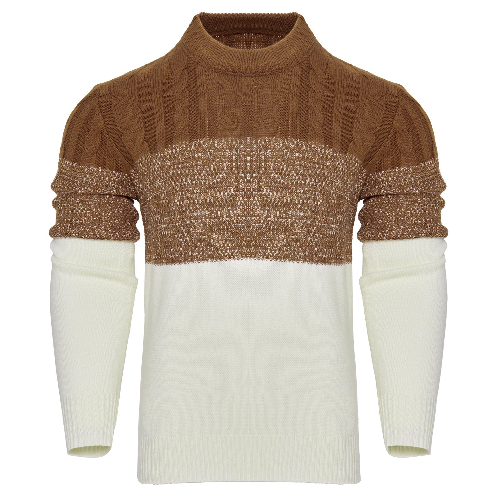 Men's Casual Color Block Long Sleeve Cable Knit Pullover Sweater - AMWLY