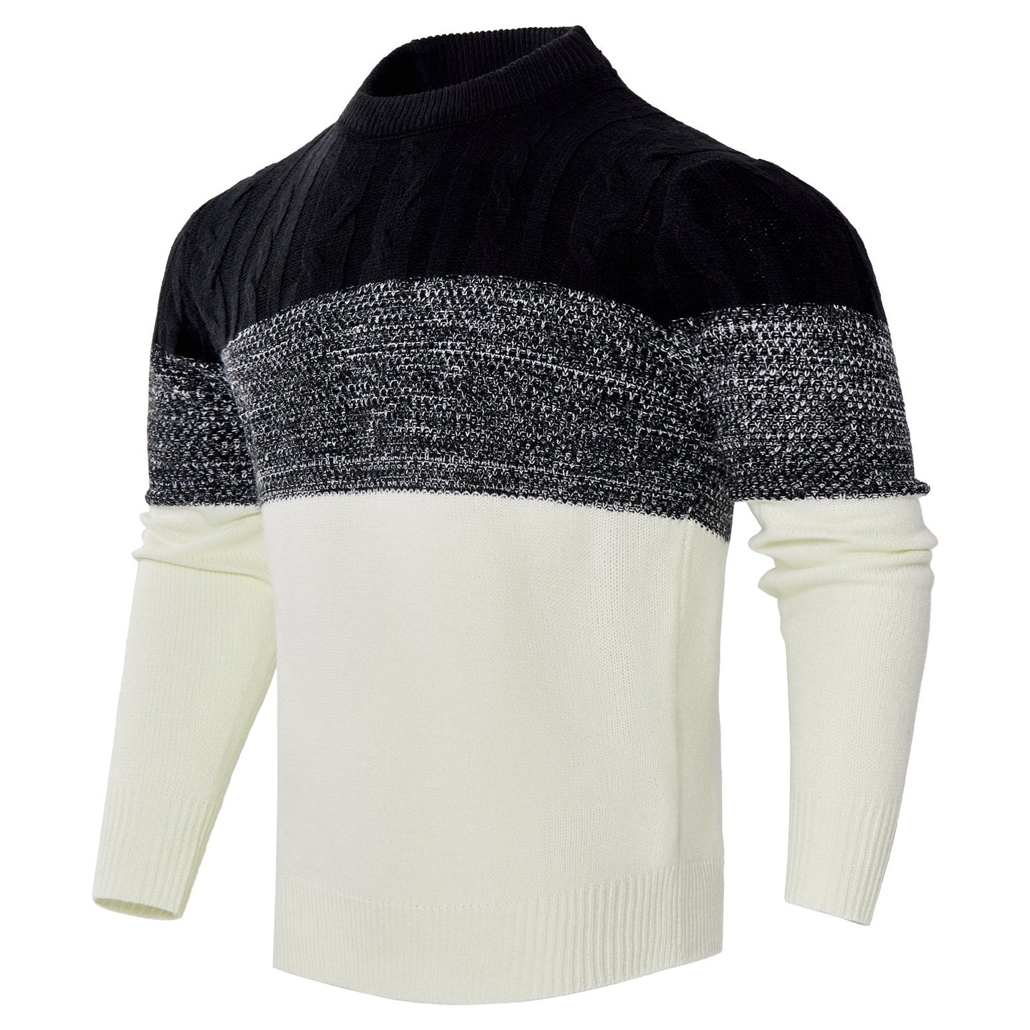 Men's Casual Color Block Long Sleeve Cable Knit Pullover Sweater - AMWLY