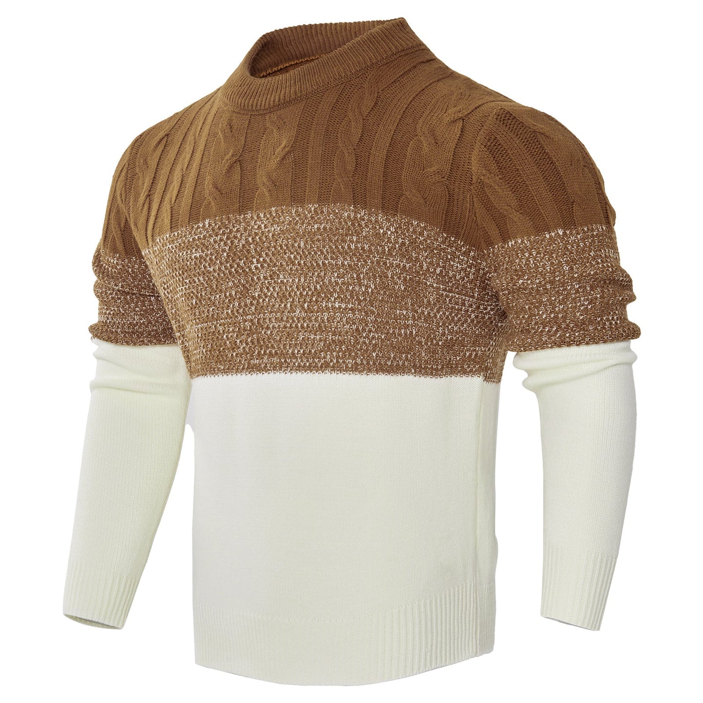 Men's Casual Color Block Long Sleeve Cable Knit Pullover Sweater - AMWLY