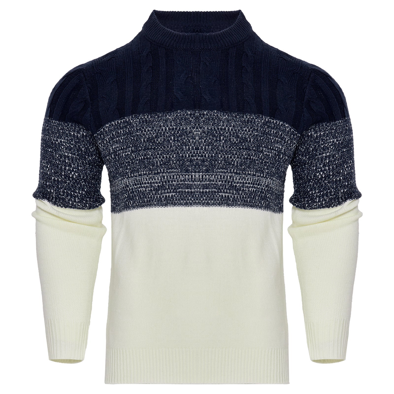 Men's Casual Color Block Long Sleeve Cable Knit Pullover Sweater - AMWLY