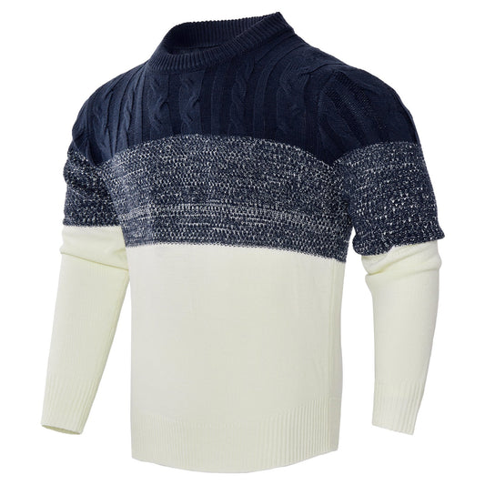 Men's Casual Color Block Long Sleeve Cable Knit Pullover Sweater - AMWLY