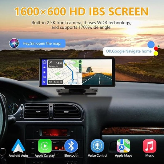 Portable Wireless Carplay With 2.5K Camera, 1080P Back Cam 9.3inches Ultra HD Android Auto Car Play Screen For Car DVR Loop Recording, Bluetooth GPS Navigation Touch Drive Screen With FM Radio System - AMWLY