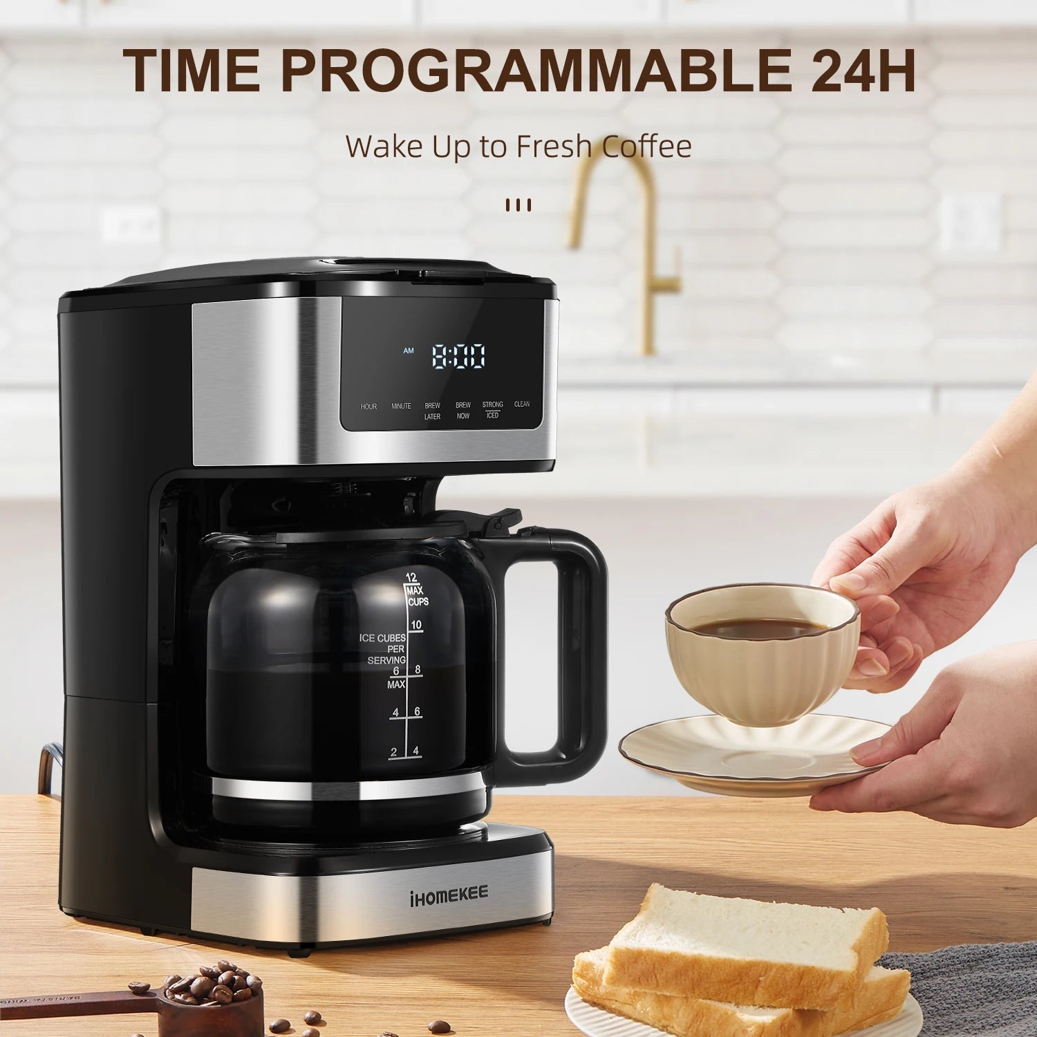 Programmable Drip Coffee Maker 12 Cup, Coffee Machine with Iced Coffee Function, Touch Screen, Regular & Strong Brew - AMWLY