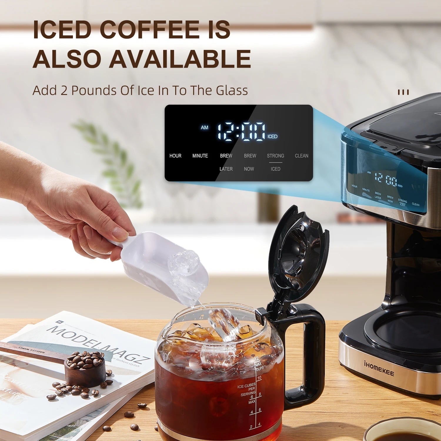 Programmable Drip Coffee Maker 12 Cup, Coffee Machine with Iced Coffee Function, Touch Screen, Regular & Strong Brew - AMWLY