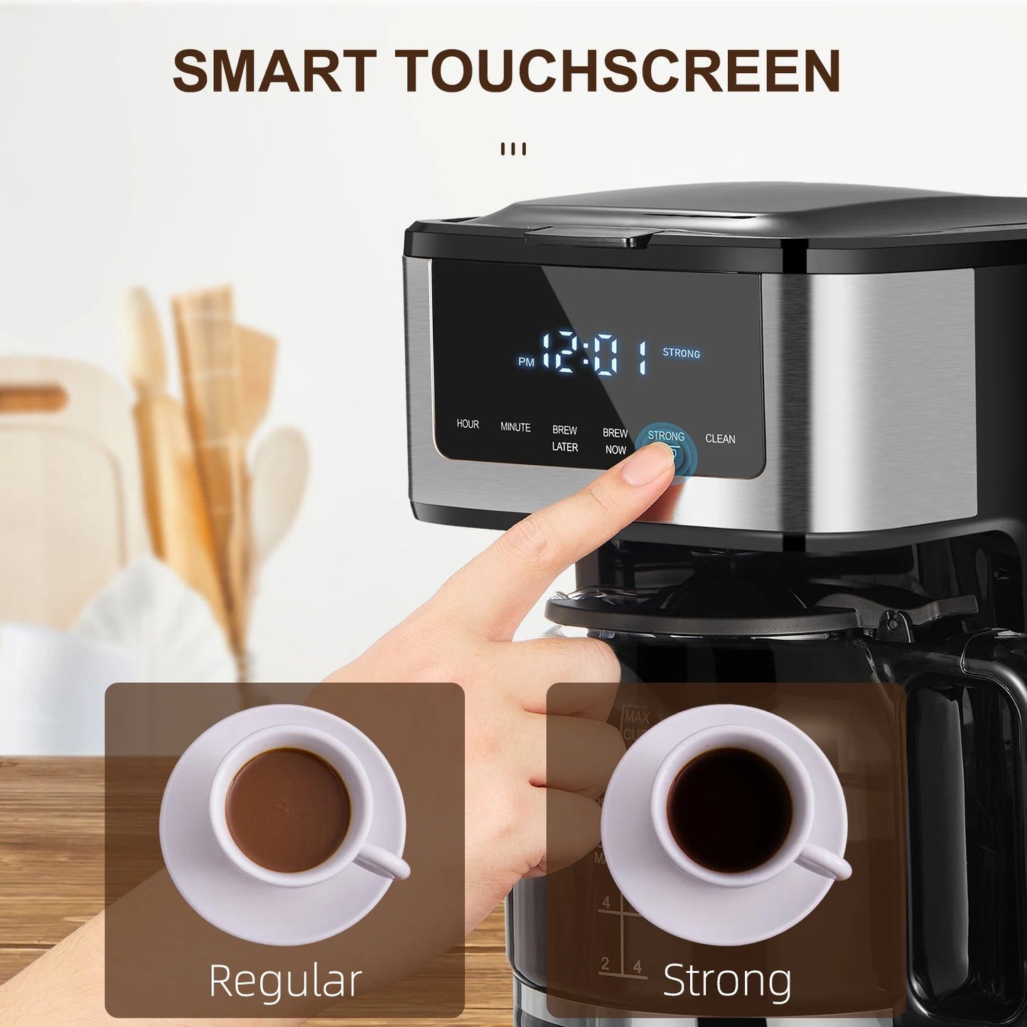 Programmable Drip Coffee Maker 12 Cup, Coffee Machine with Iced Coffee Function, Touch Screen, Regular & Strong Brew - AMWLY