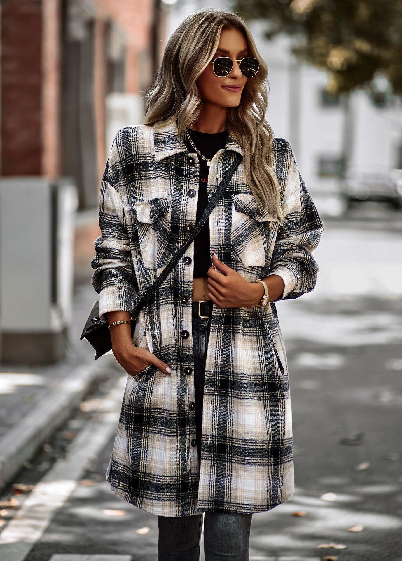 Temperament Leisure Long Plaid Tup Cardigan Coat - AMWLY