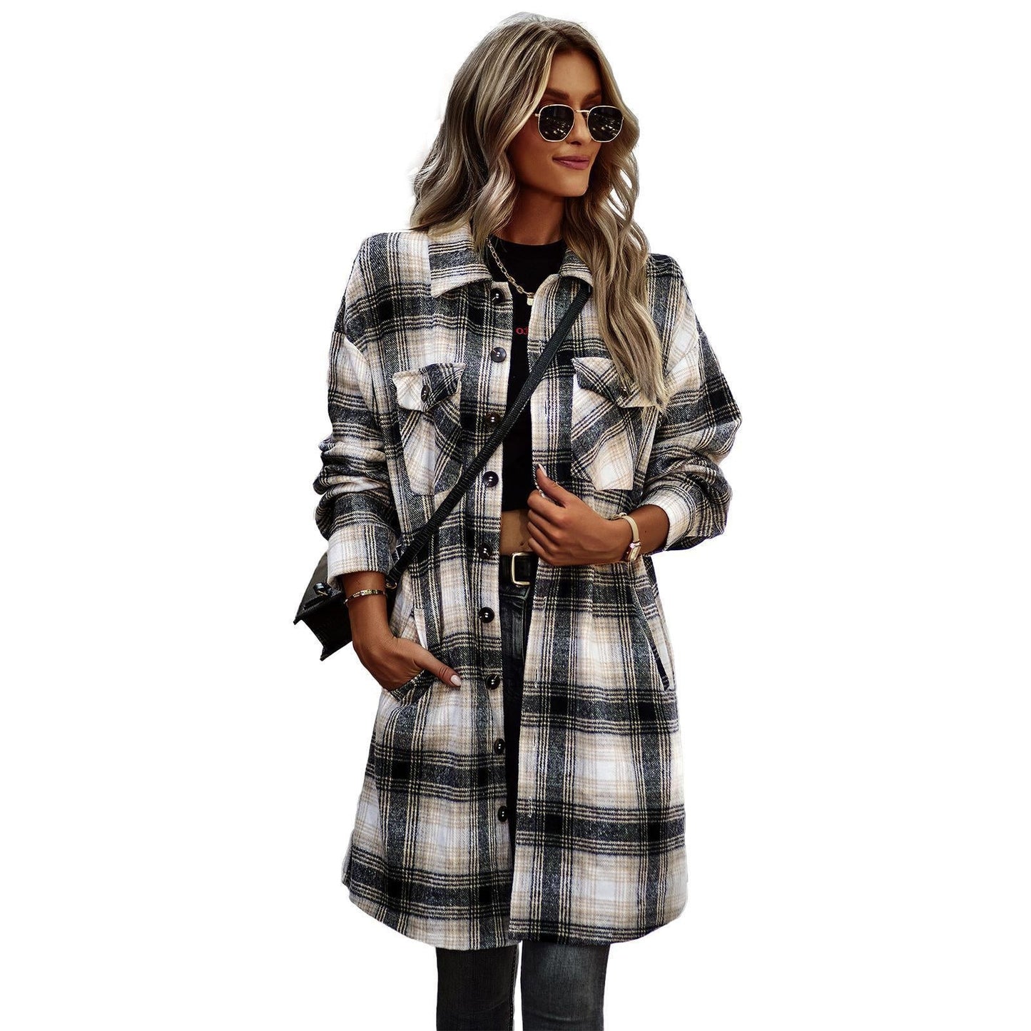 Temperament Leisure Long Plaid Tup Cardigan Coat - AMWLY