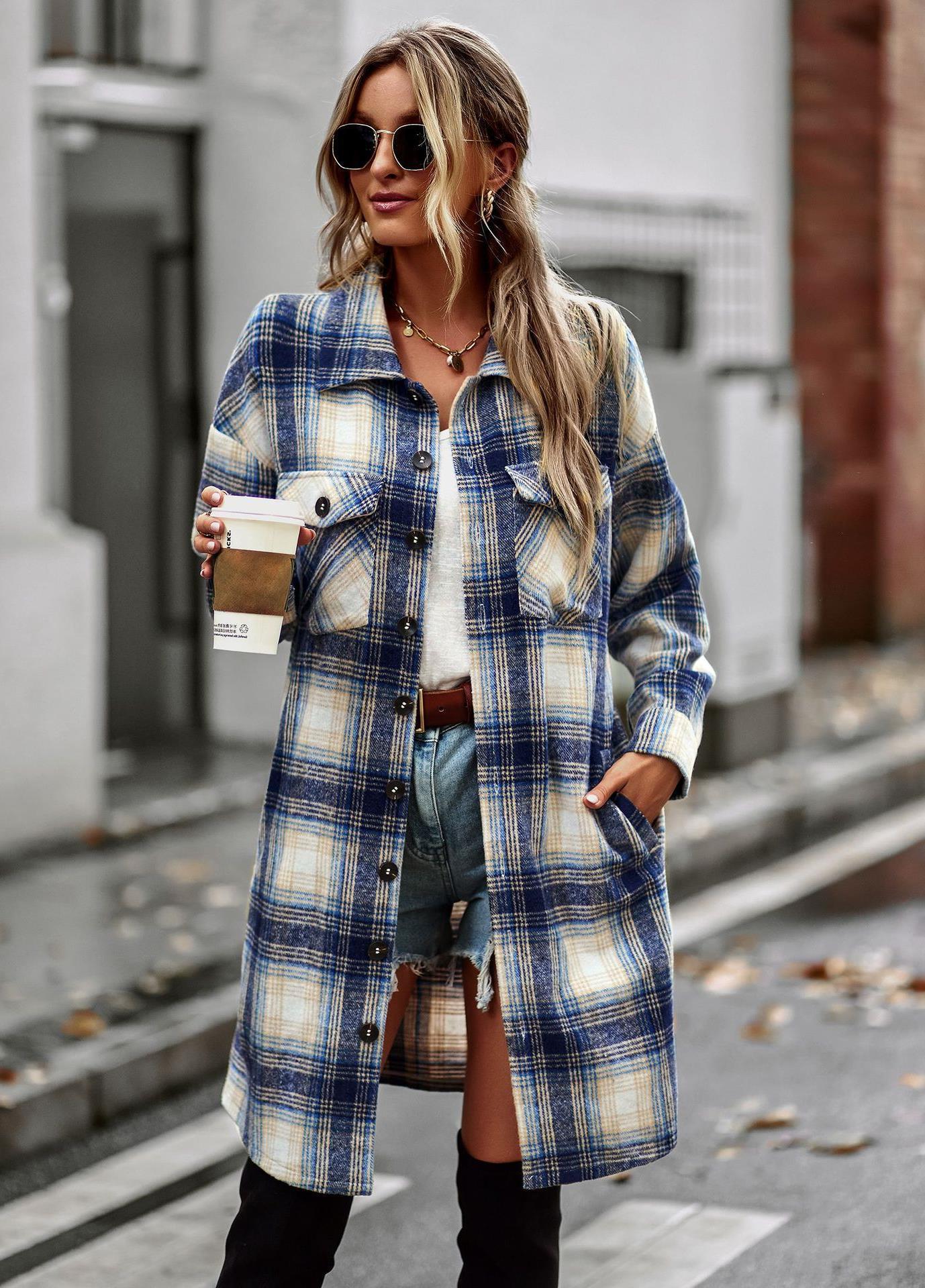 Temperament Leisure Long Plaid Tup Cardigan Coat - AMWLY