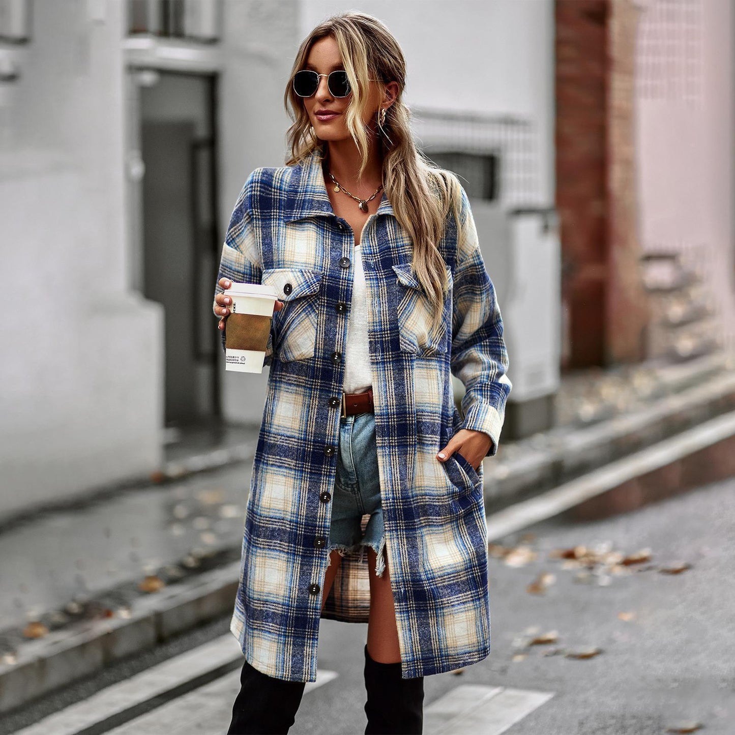 Temperament Leisure Long Plaid Tup Cardigan Coat - AMWLY